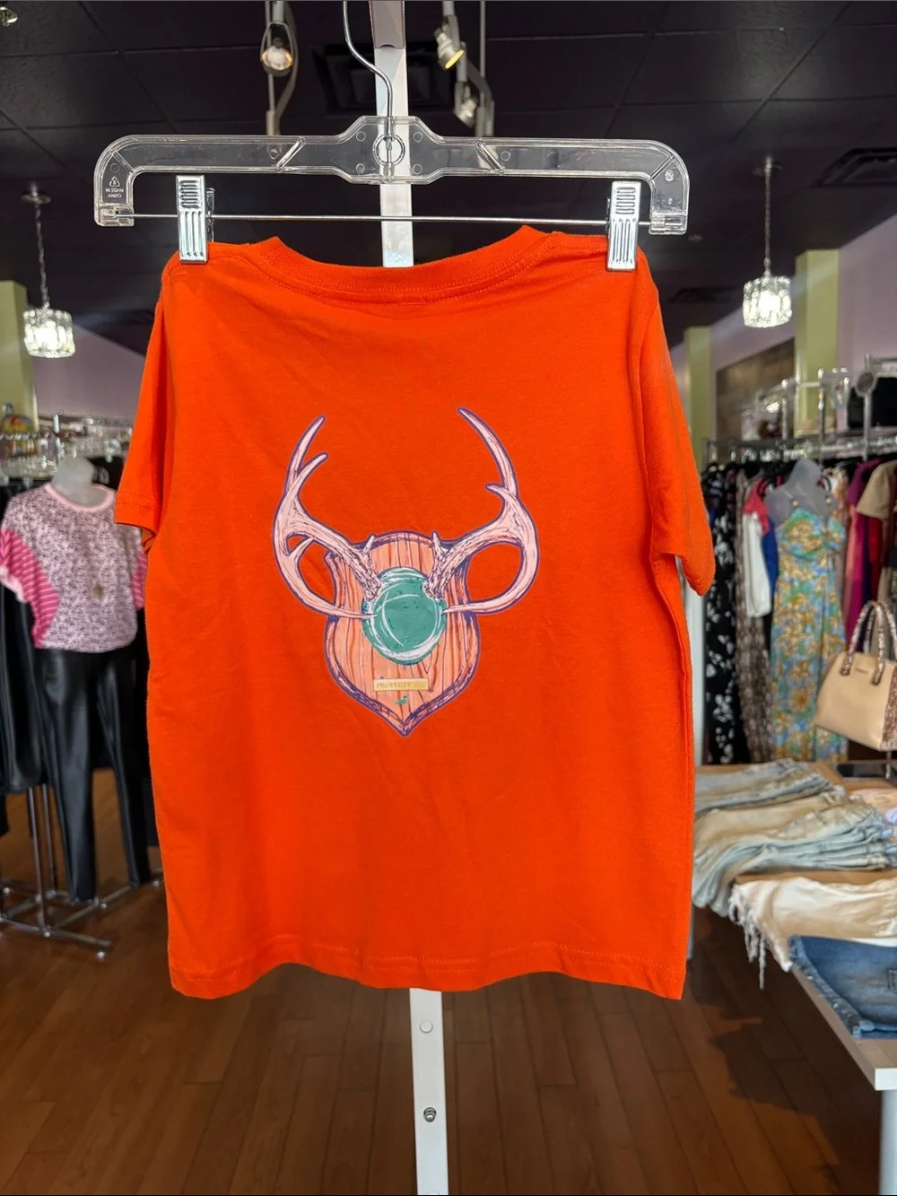 Rabbit Skins Kids Short Sleeve Tee in Bright Orange with antler print on back